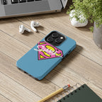 Sassy Superhero Tough Phone Case — Bold Pink & Yellow Emblem on Blue - 314 Originals