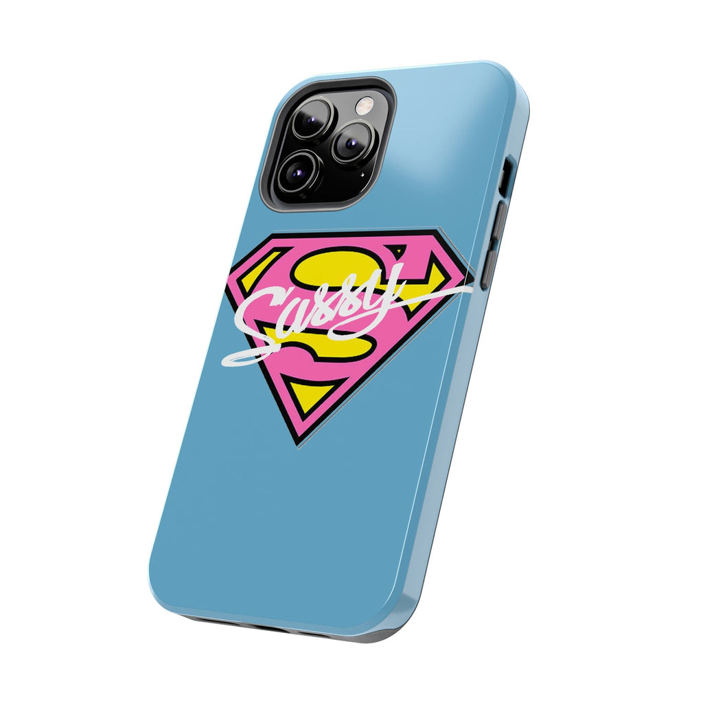 Sassy Superhero Tough Phone Case — Bold Pink & Yellow Emblem on Blue - 314 Originals