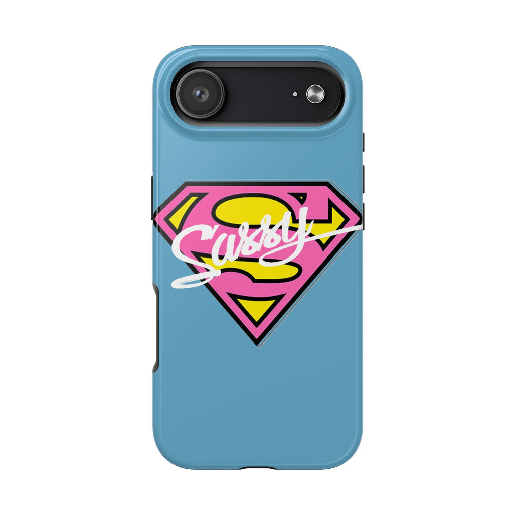 Sassy Superhero Tough Phone Case — Bold Pink & Yellow Emblem on Blue - 314 Originals