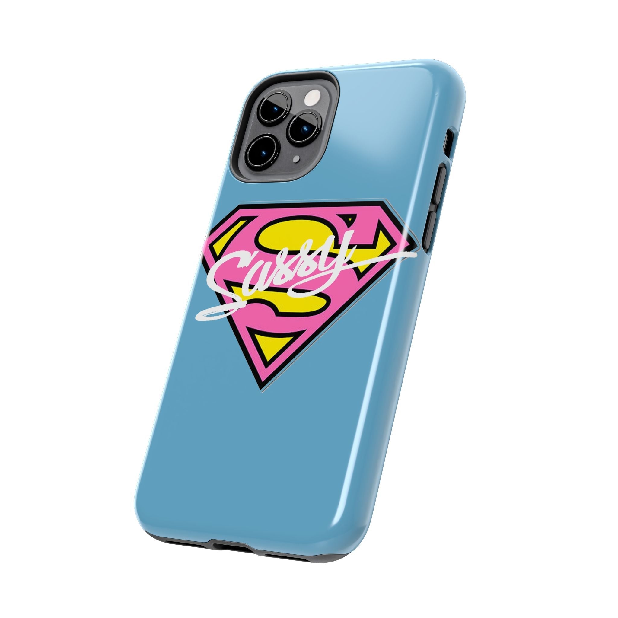 Sassy Superhero Tough Phone Case — Bold Pink & Yellow Emblem on Blue - 314 Originals