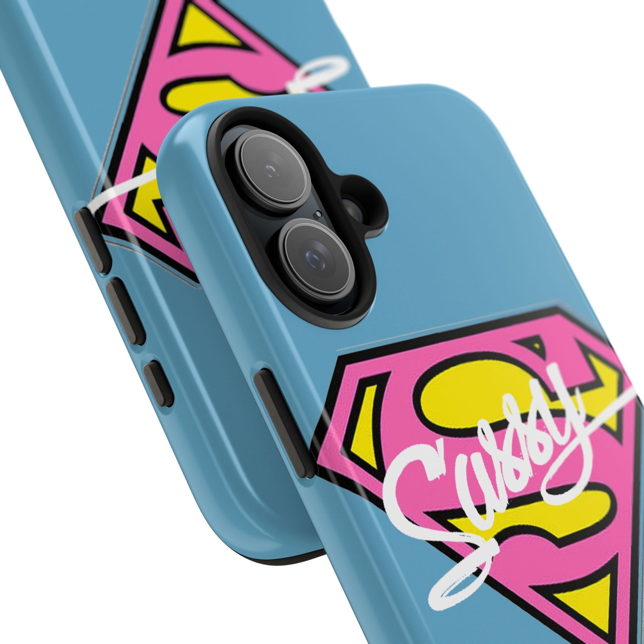 Sassy Superhero Tough Phone Case — Bold Pink & Yellow Emblem on Blue - 314 Originals