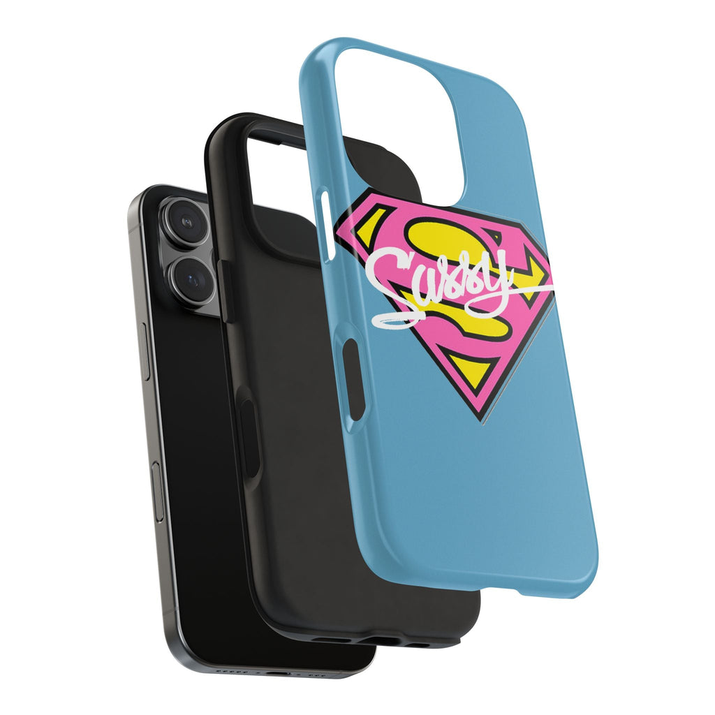 Sassy Superhero Tough Phone Case — Bold Pink & Yellow Emblem on Blue - 314 Originals