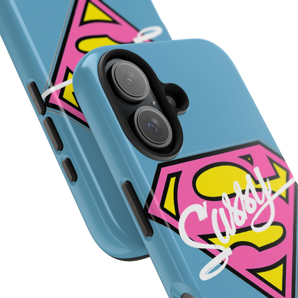 Sassy Superhero Tough Phone Case — Bold Pink & Yellow Emblem on Blue - 314 Originals