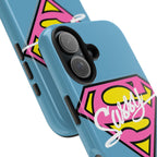 Sassy Superhero Tough Phone Case — Bold Pink & Yellow Emblem on Blue - 314 Originals