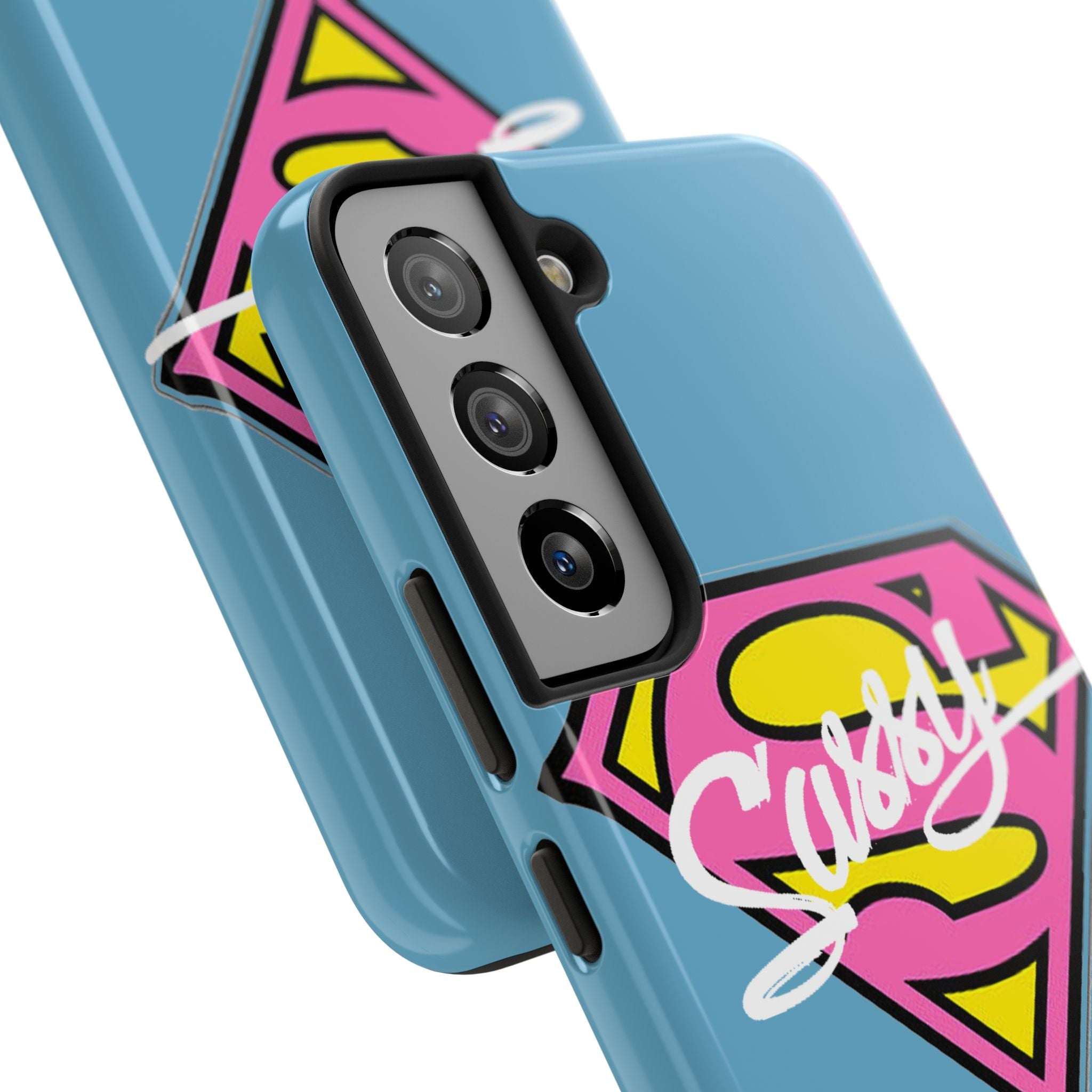 Sassy Superhero Tough Phone Case — Bold Pink & Yellow Emblem on Blue - 314 Originals
