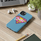 Sassy Superhero Tough Phone Case — Bold Pink & Yellow Emblem on Blue - 314 Originals
