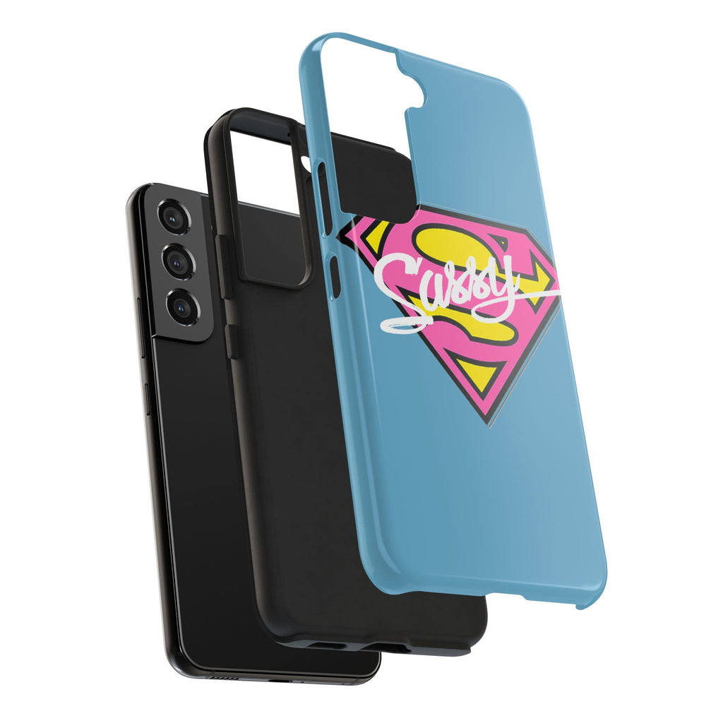 Sassy Superhero Tough Phone Case — Bold Pink & Yellow Emblem on Blue - 314 Originals