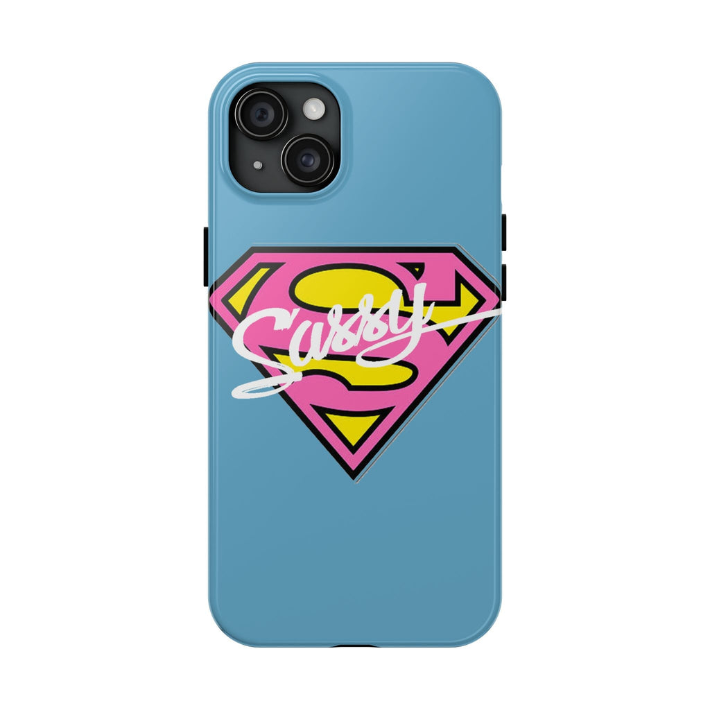 Sassy Superhero Tough Phone Case — Bold Pink & Yellow Emblem on Blue - 314 Originals