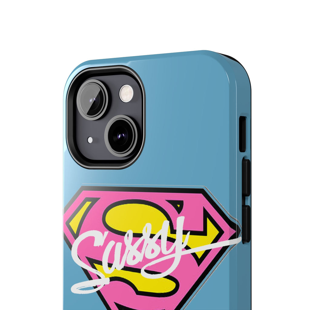 Sassy Superhero Tough Phone Case — Bold Pink & Yellow Emblem on Blue - 314 Originals