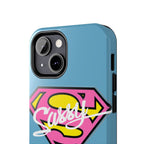 Sassy Superhero Tough Phone Case — Bold Pink & Yellow Emblem on Blue - 314 Originals