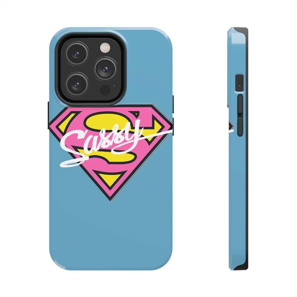 Sassy Superhero Tough Phone Case — Bold Pink & Yellow Emblem on Blue - 314 Originals