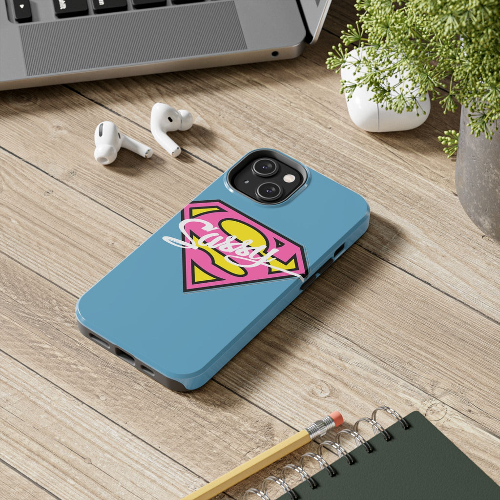 Sassy Superhero Tough Phone Case — Bold Pink & Yellow Emblem on Blue - 314 Originals