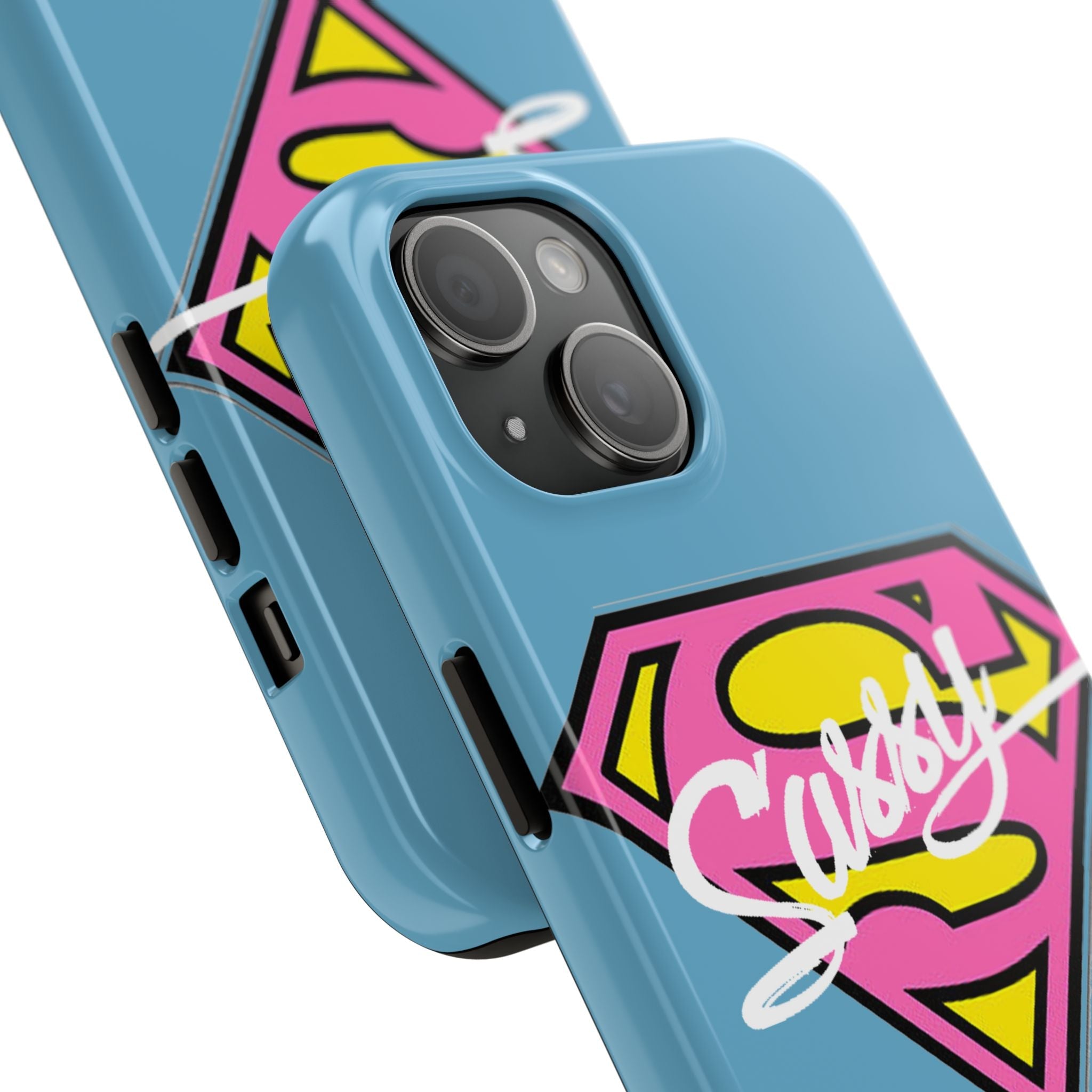Sassy Superhero Tough Phone Case — Bold Pink & Yellow Emblem on Blue - 314 Originals
