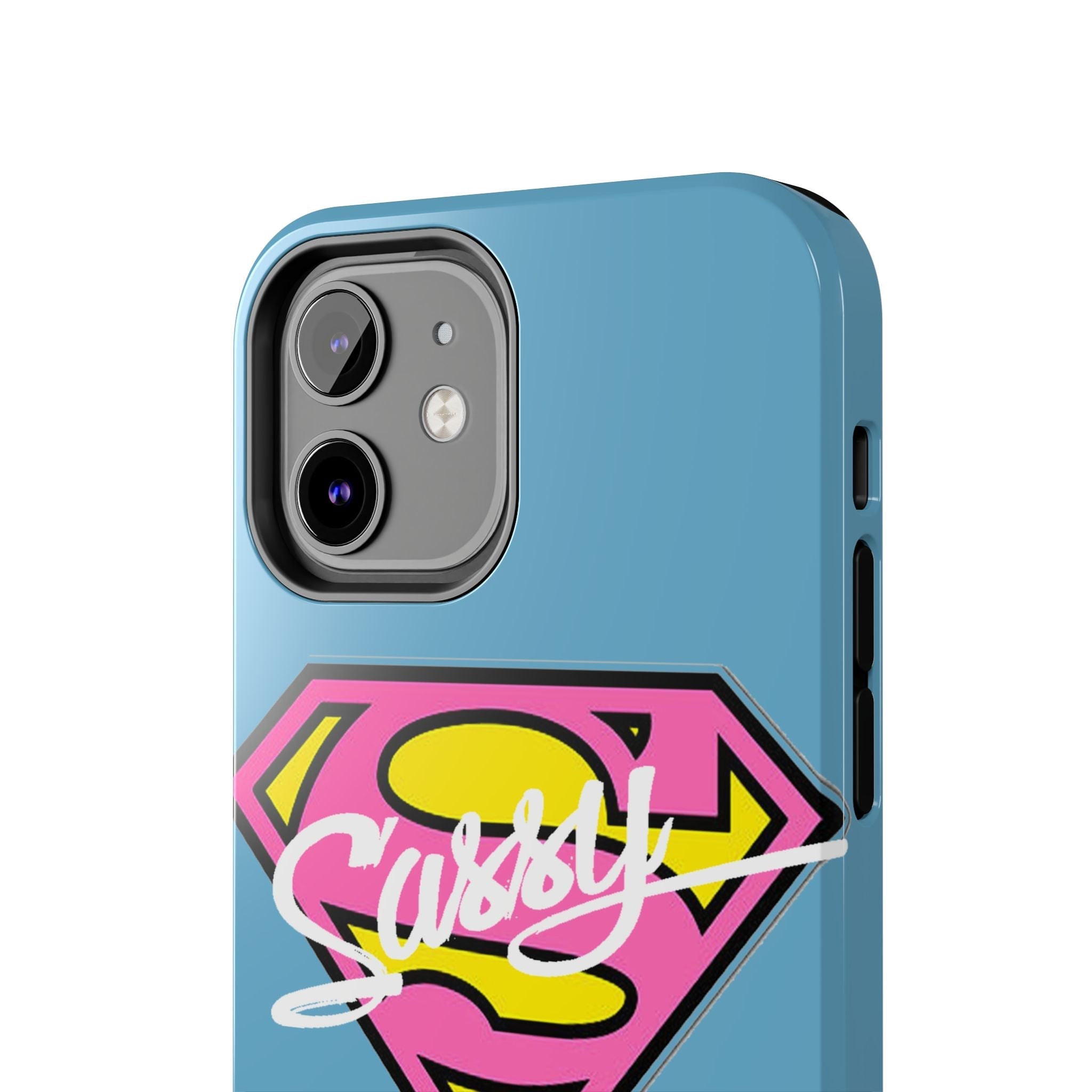 Sassy Superhero Tough Phone Case — Bold Pink & Yellow Emblem on Blue - 314 Originals