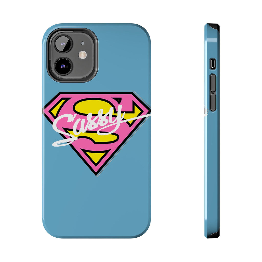 Sassy Superhero Tough Phone Case — Bold Pink & Yellow Emblem on Blue - 314 Originals