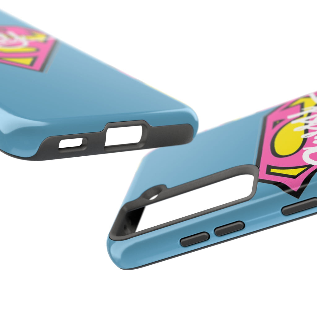Sassy Superhero Tough Phone Case — Bold Pink & Yellow Emblem on Blue - 314 Originals