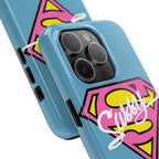 Sassy Superhero Tough Phone Case — Bold Pink & Yellow Emblem on Blue - 314 Originals