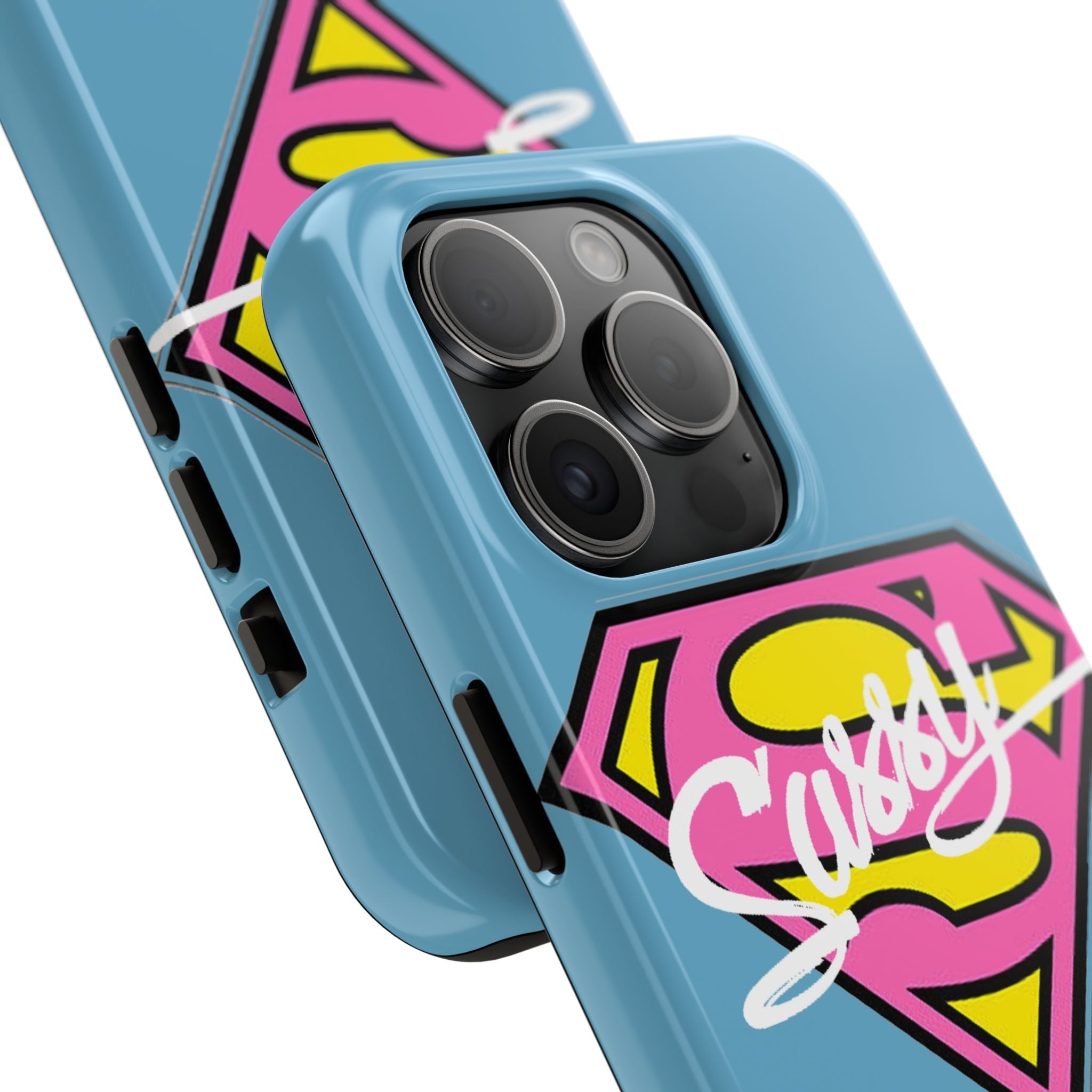 Sassy Superhero Tough Phone Case — Bold Pink & Yellow Emblem on Blue - 314 Originals