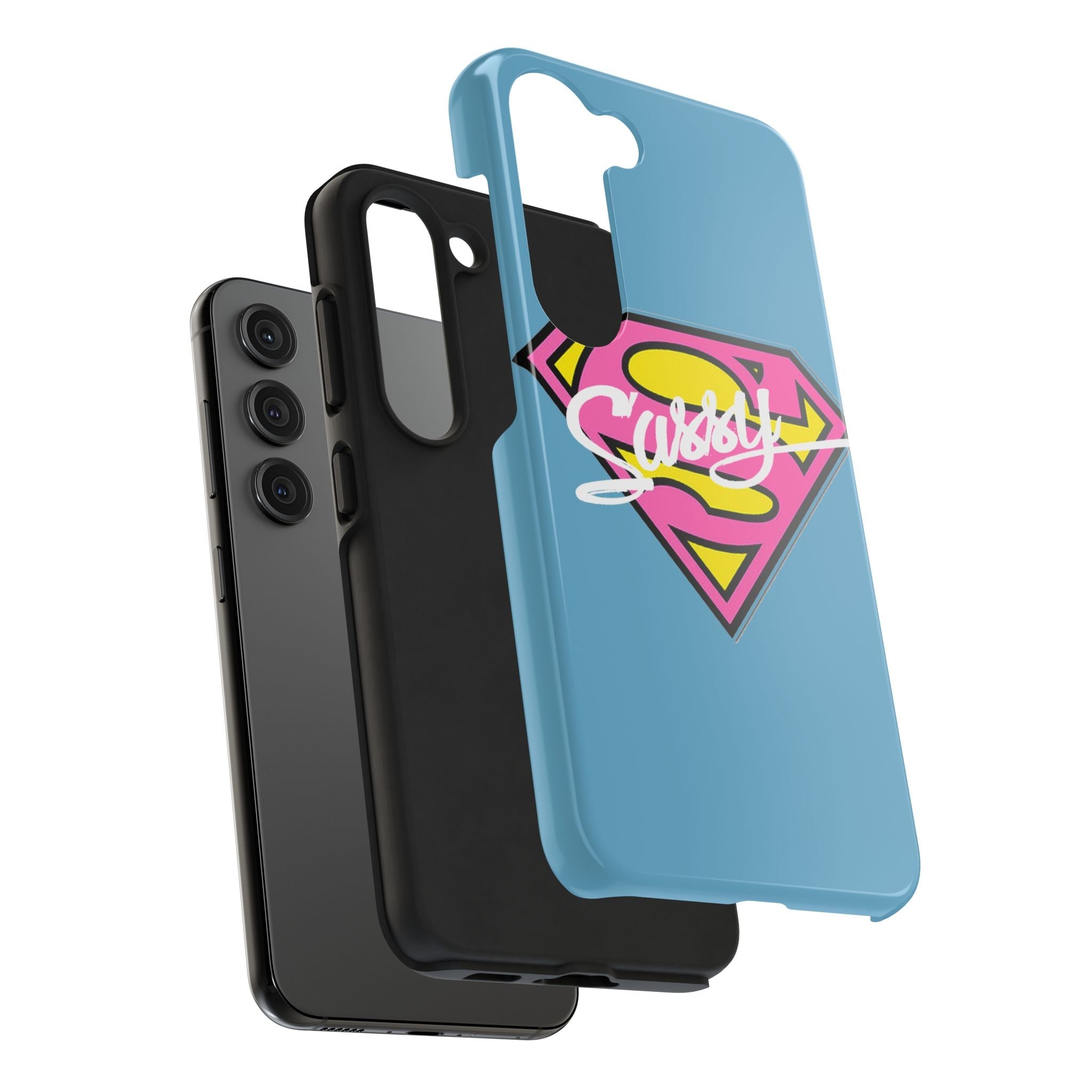 Sassy Superhero Tough Phone Case — Bold Pink & Yellow Emblem on Blue - 314 Originals