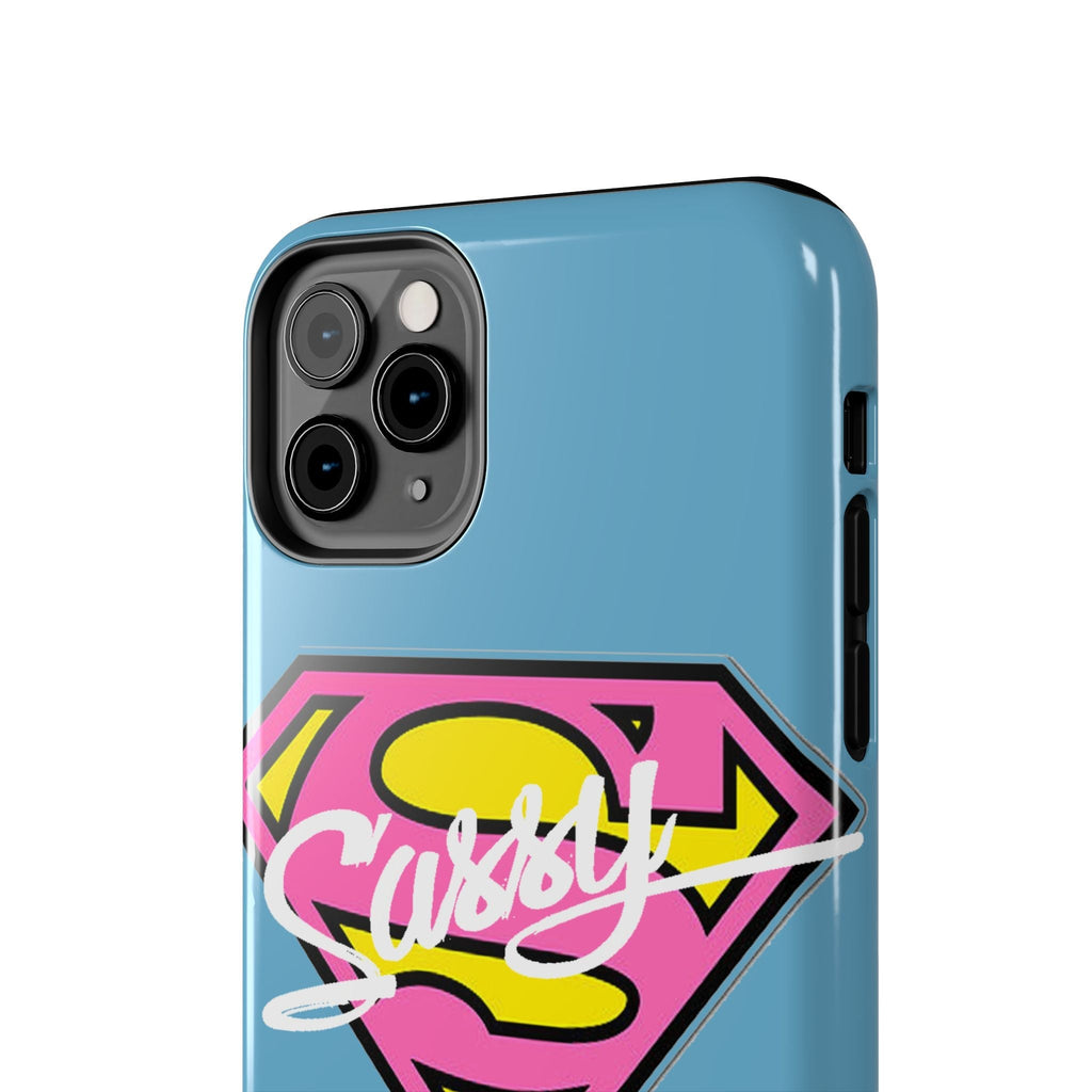 Sassy Superhero Tough Phone Case — Bold Pink & Yellow Emblem on Blue - 314 Originals