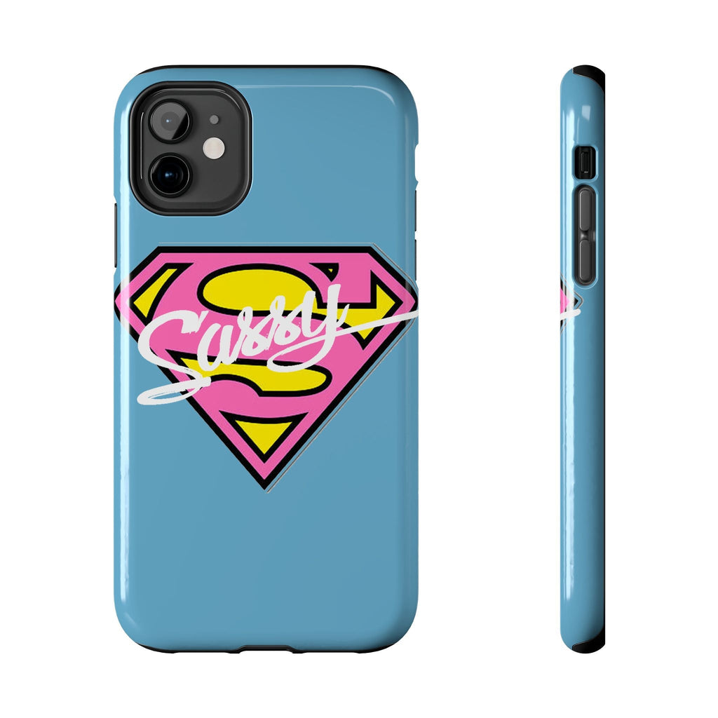 Sassy Superhero Tough Phone Case — Bold Pink & Yellow Emblem on Blue - 314 Originals