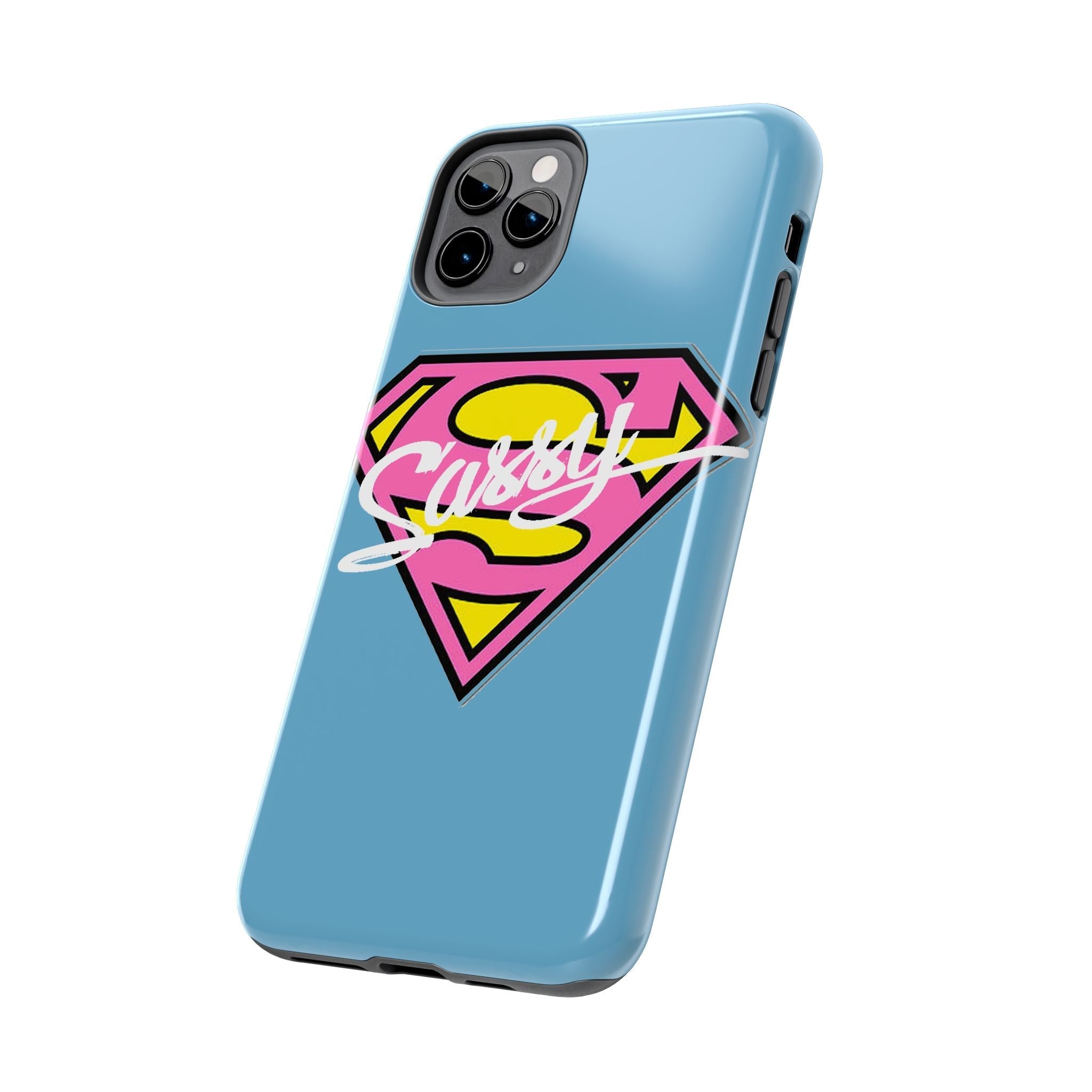 Sassy Superhero Tough Phone Case — Bold Pink & Yellow Emblem on Blue - 314 Originals