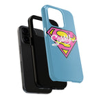 Sassy Superhero Tough Phone Case — Bold Pink & Yellow Emblem on Blue - 314 Originals