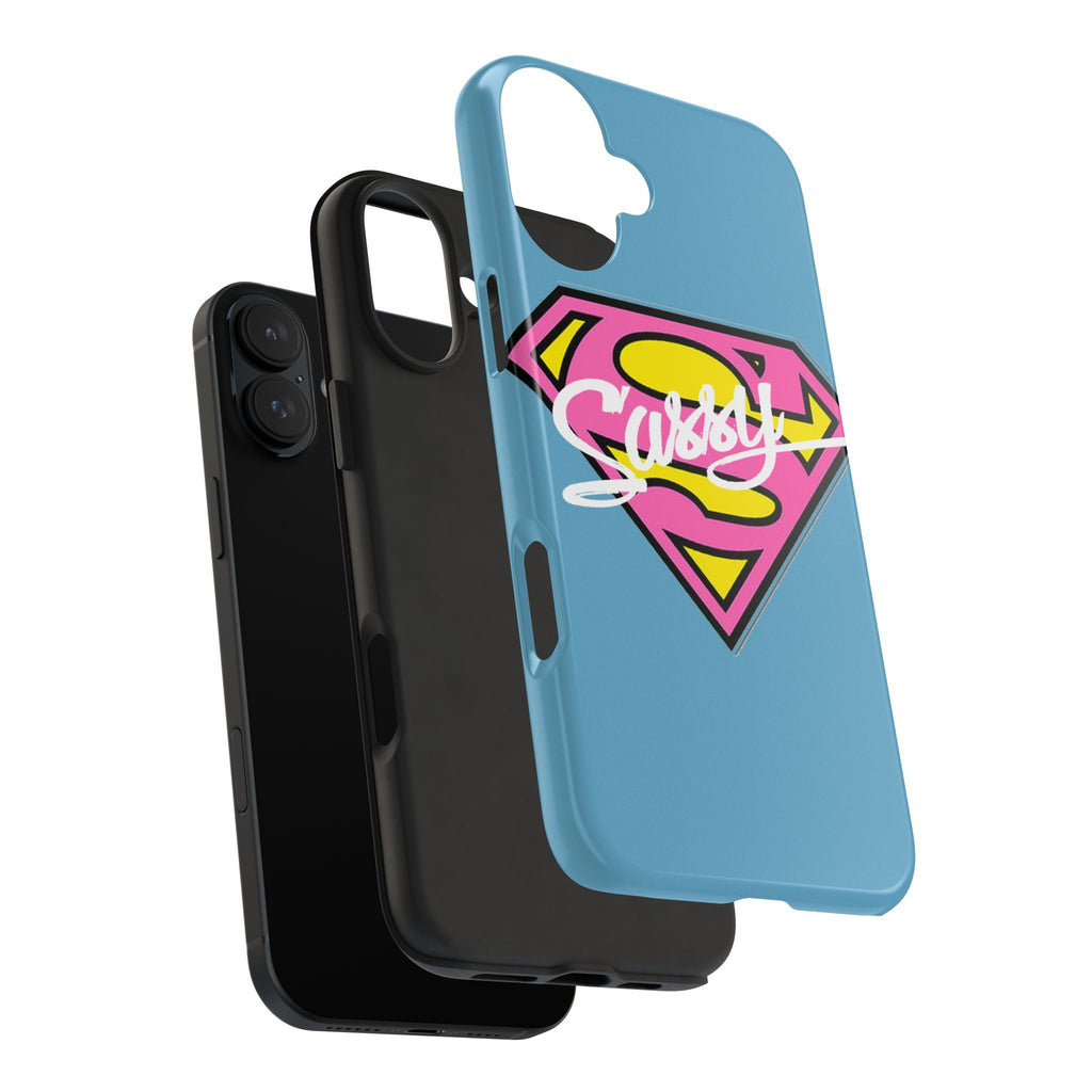 Sassy Superhero Tough Phone Case — Bold Pink & Yellow Emblem on Blue - 314 Originals