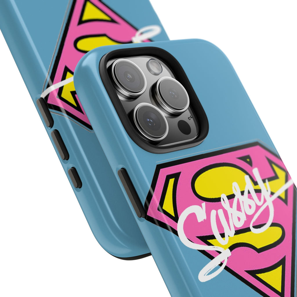 Sassy Superhero Tough Phone Case — Bold Pink & Yellow Emblem on Blue - 314 Originals