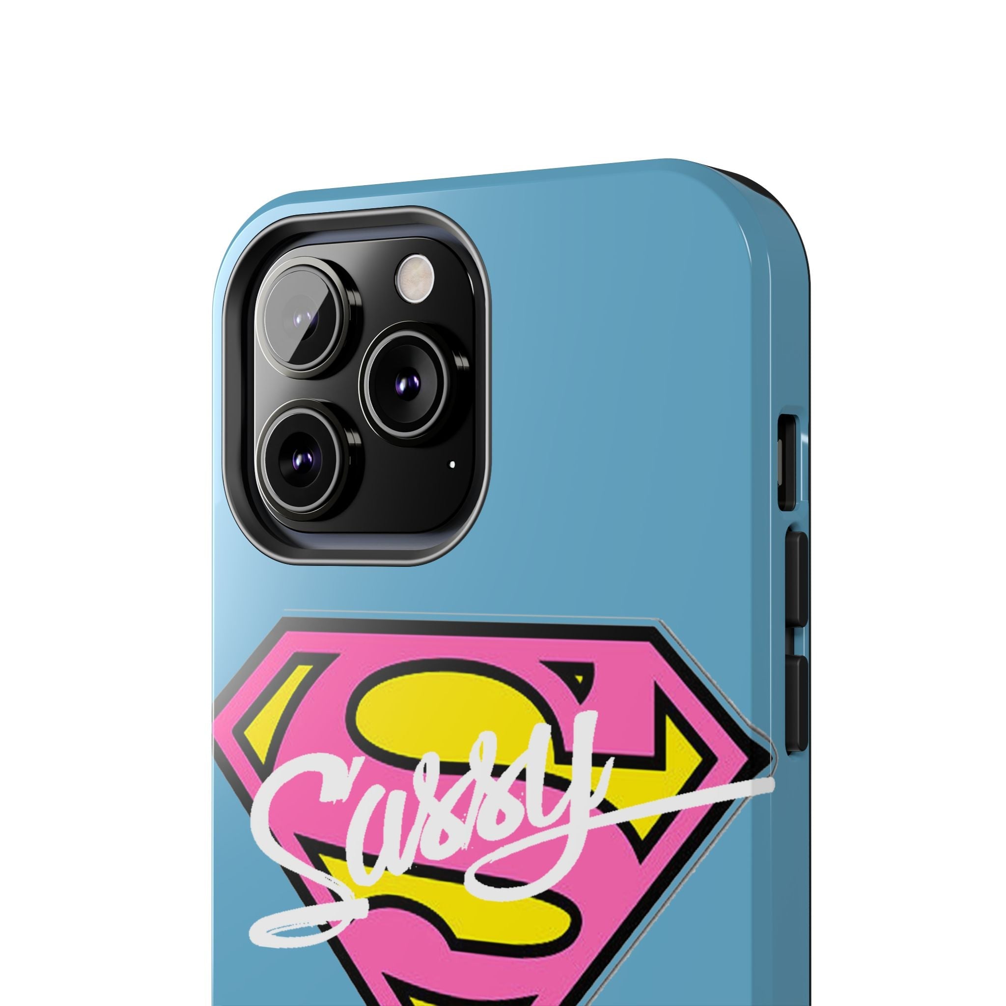 Sassy Superhero Tough Phone Case — Bold Pink & Yellow Emblem on Blue - 314 Originals