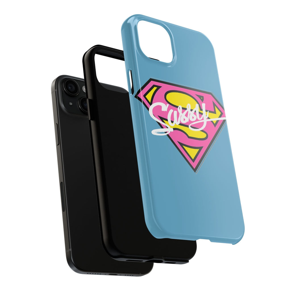 Sassy Superhero Tough Phone Case — Bold Pink & Yellow Emblem on Blue - 314 Originals
