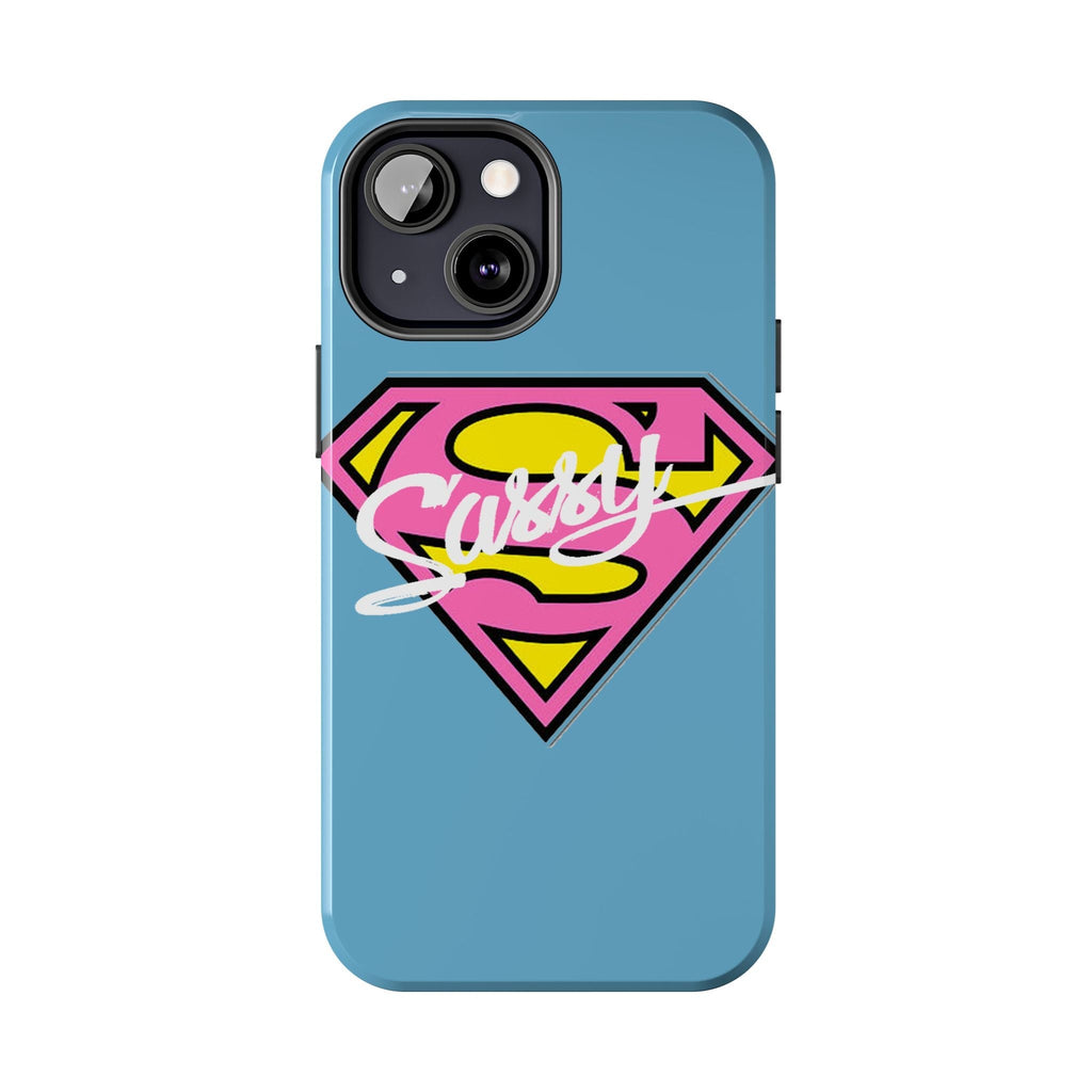 Sassy Superhero Tough Phone Case — Bold Pink & Yellow Emblem on Blue - 314 Originals
