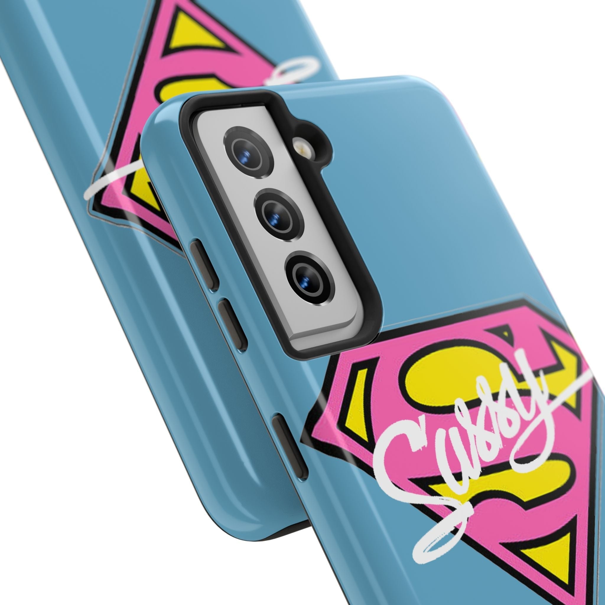 Sassy Superhero Tough Phone Case — Bold Pink & Yellow Emblem on Blue - 314 Originals