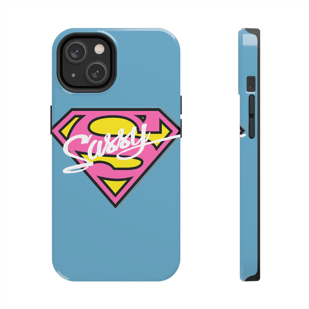 Sassy Superhero Tough Phone Case — Bold Pink & Yellow Emblem on Blue - 314 Originals
