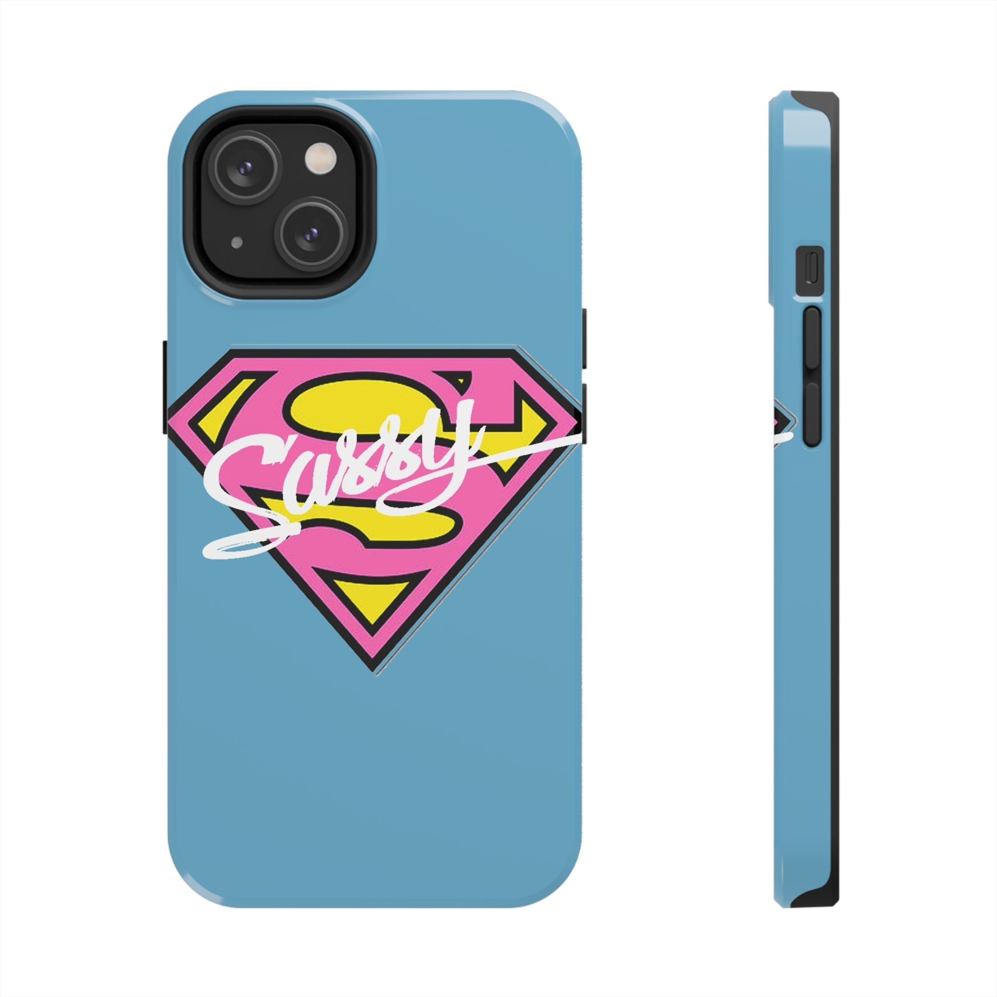 Sassy Superhero Tough Phone Case — Bold Pink & Yellow Emblem on Blue - 314 Originals