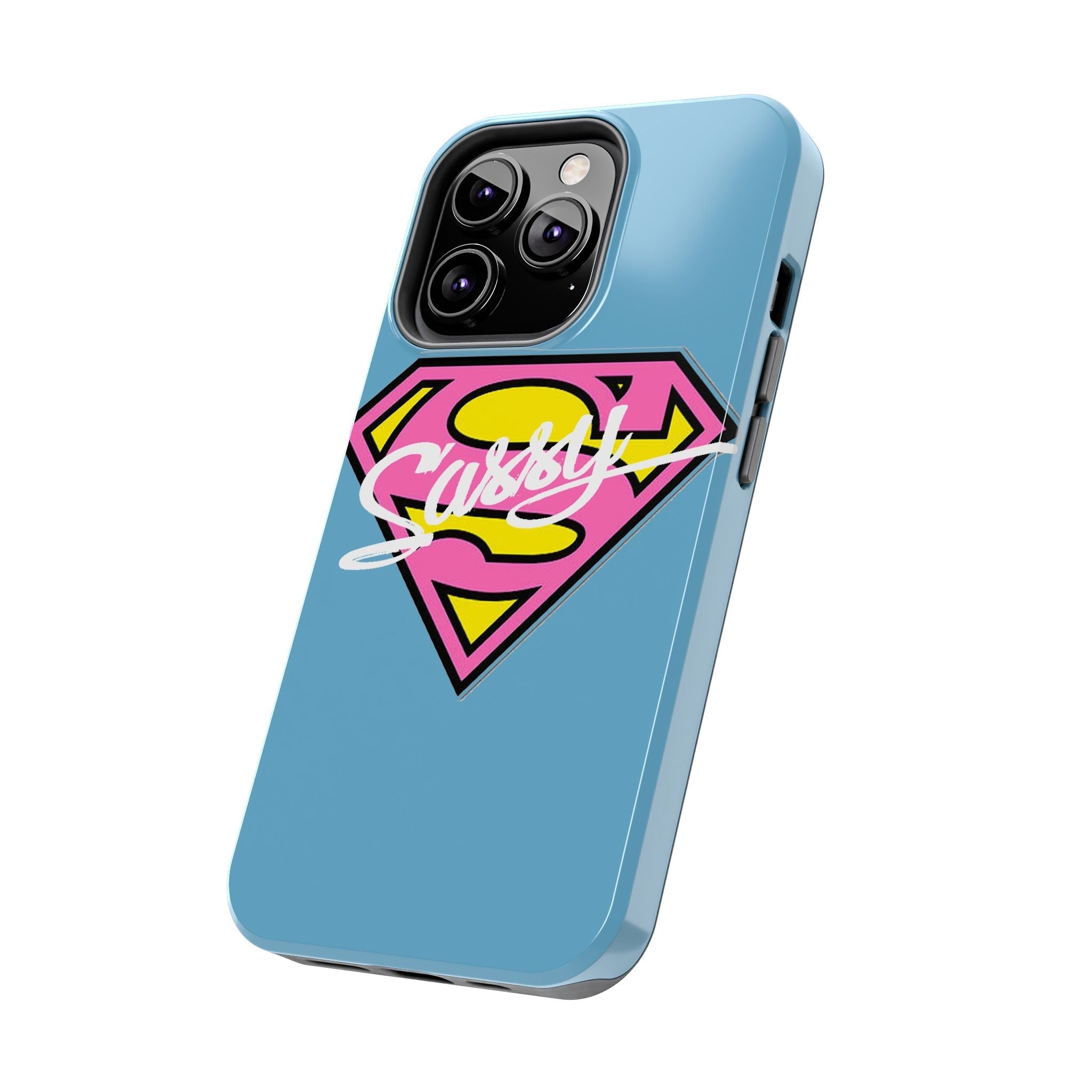Sassy Superhero Tough Phone Case — Bold Pink & Yellow Emblem on Blue - 314 Originals