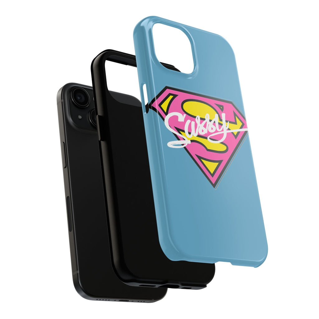 Sassy Superhero Tough Phone Case — Bold Pink & Yellow Emblem on Blue - 314 Originals