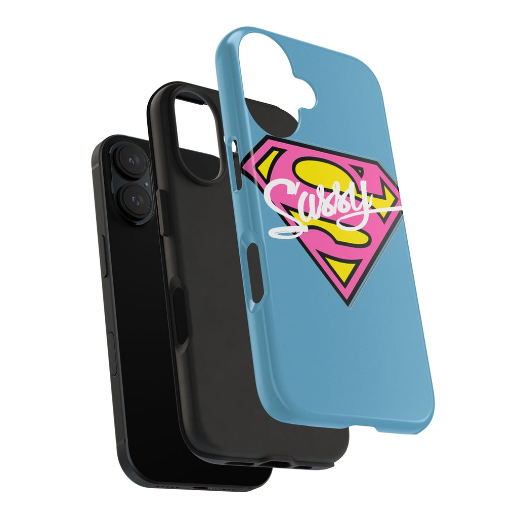 Sassy Superhero Tough Phone Case — Bold Pink & Yellow Emblem on Blue - 314 Originals