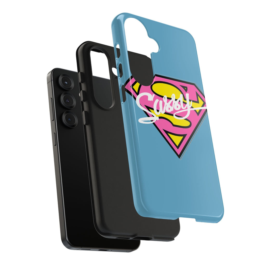 Sassy Superhero Tough Phone Case — Bold Pink & Yellow Emblem on Blue - 314 Originals