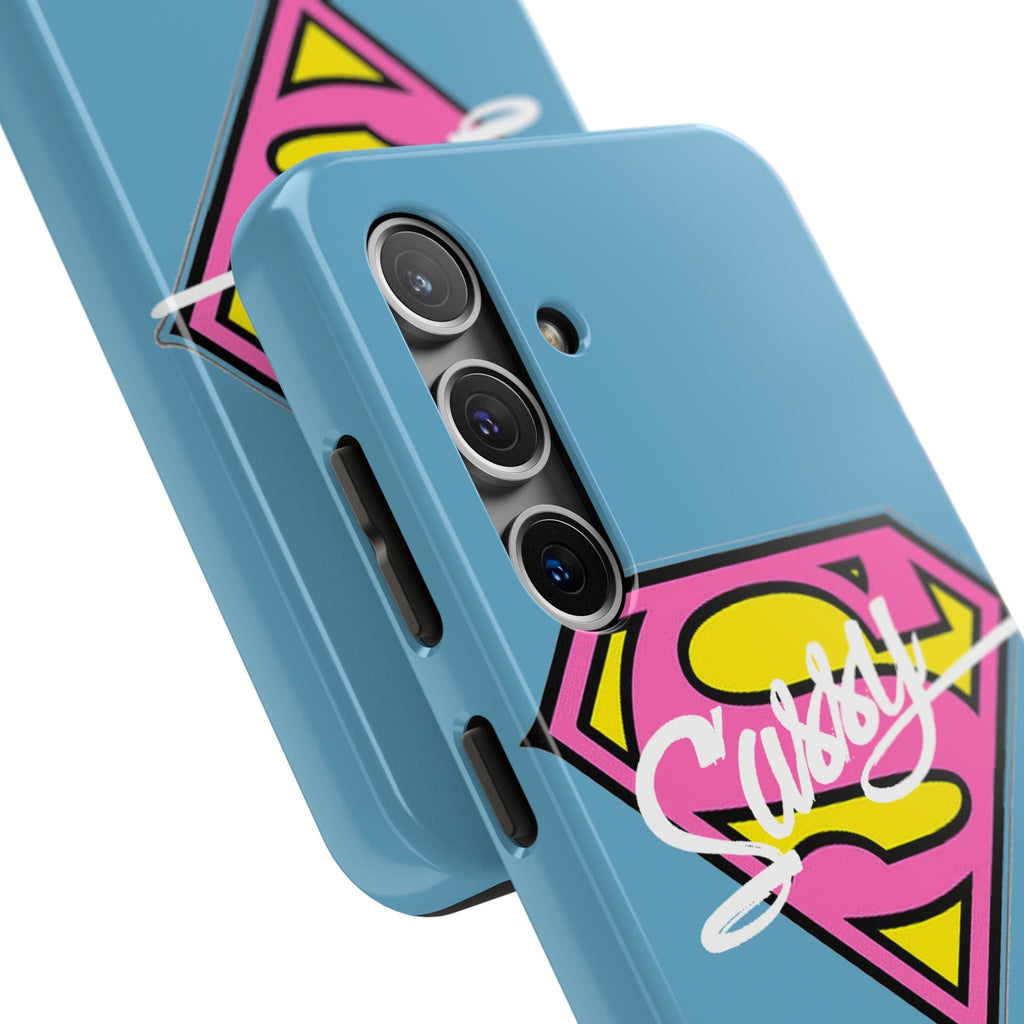 Sassy Superhero Tough Phone Case — Bold Pink & Yellow Emblem on Blue - 314 Originals