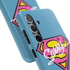 Sassy Superhero Tough Phone Case — Bold Pink & Yellow Emblem on Blue - 314 Originals