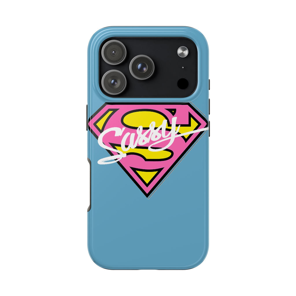 Sassy Superhero Tough Phone Case — Bold Pink & Yellow Emblem on Blue - 314 Originals