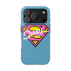 Sassy Superhero Tough Phone Case — Bold Pink & Yellow Emblem on Blue - 314 Originals