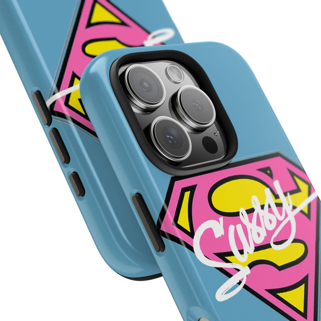 Sassy Superhero Tough Phone Case — Bold Pink & Yellow Emblem on Blue - 314 Originals