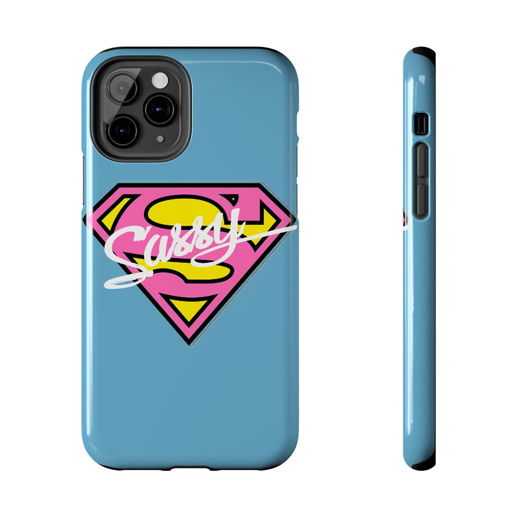 Sassy Superhero Tough Phone Case — Bold Pink & Yellow Emblem on Blue - 314 Originals