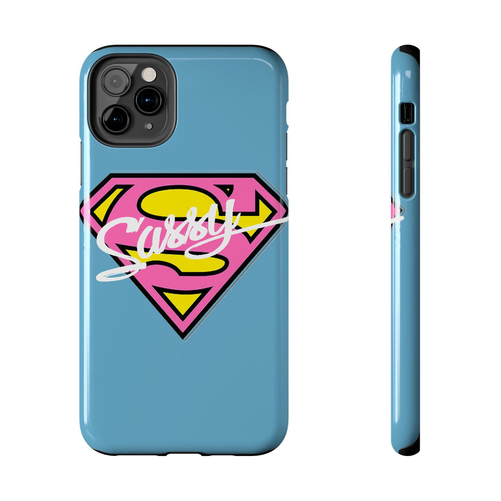 Sassy Superhero Tough Phone Case — Bold Pink & Yellow Emblem on Blue - 314 Originals