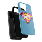 Sassy Superhero Tough Phone Case — Bold Pink & Yellow Emblem on Blue - 314 Originals