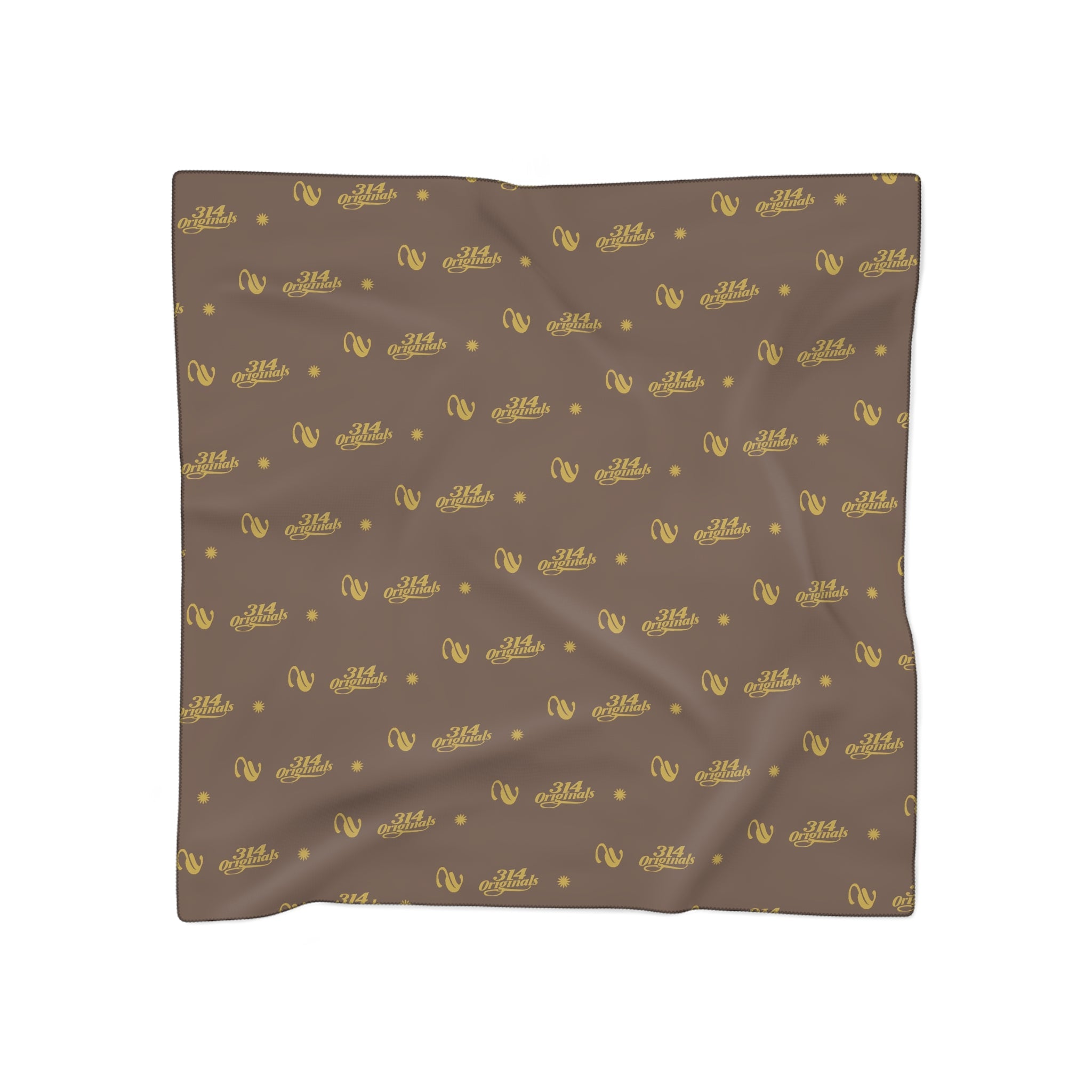 Silky Brown Logo Scarf — Gold Script Pattern Polyester Scarf - 314 Originals