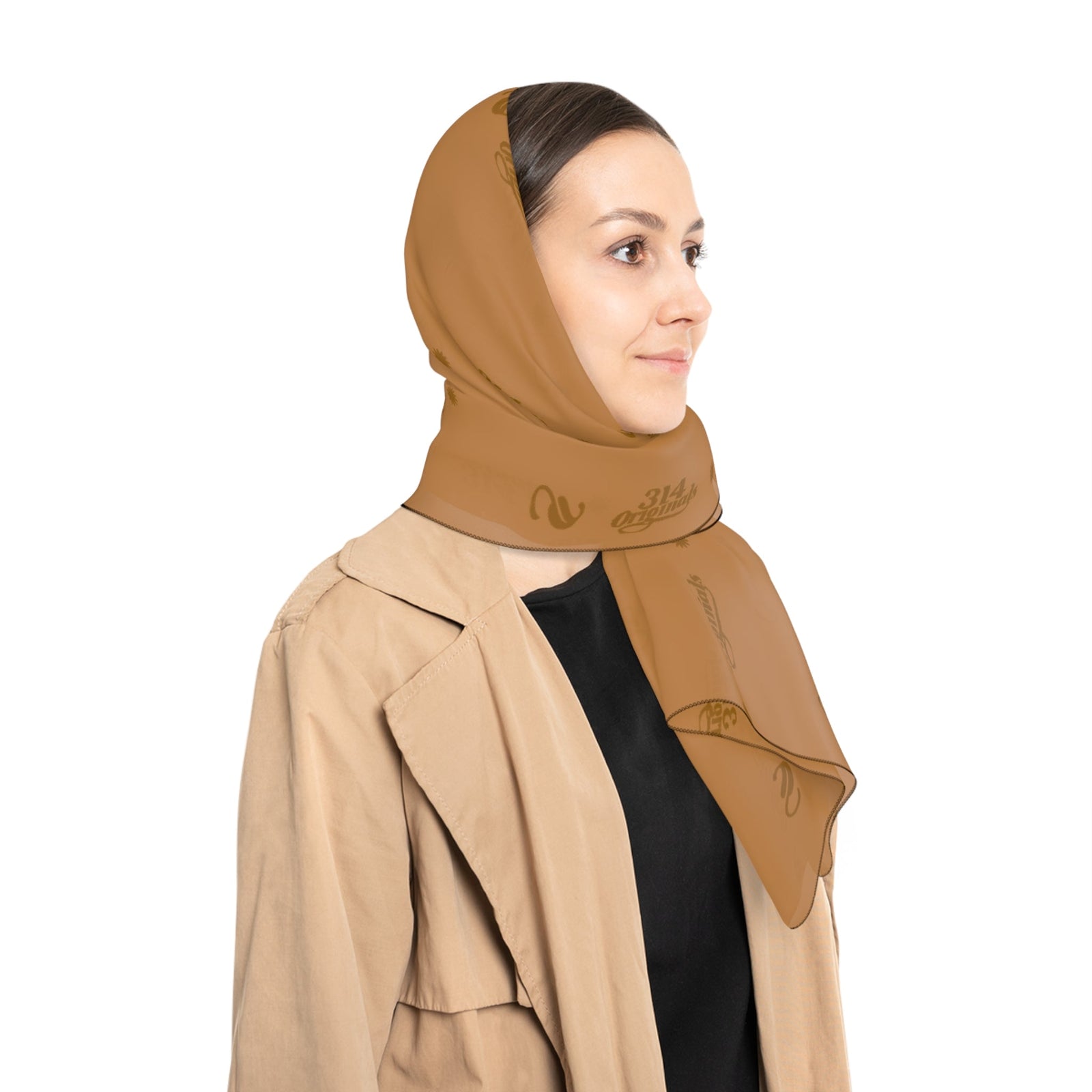 Silky Light Brown Logo Scarf — Gold Script Pattern Polyester Scarf - 314 Originals