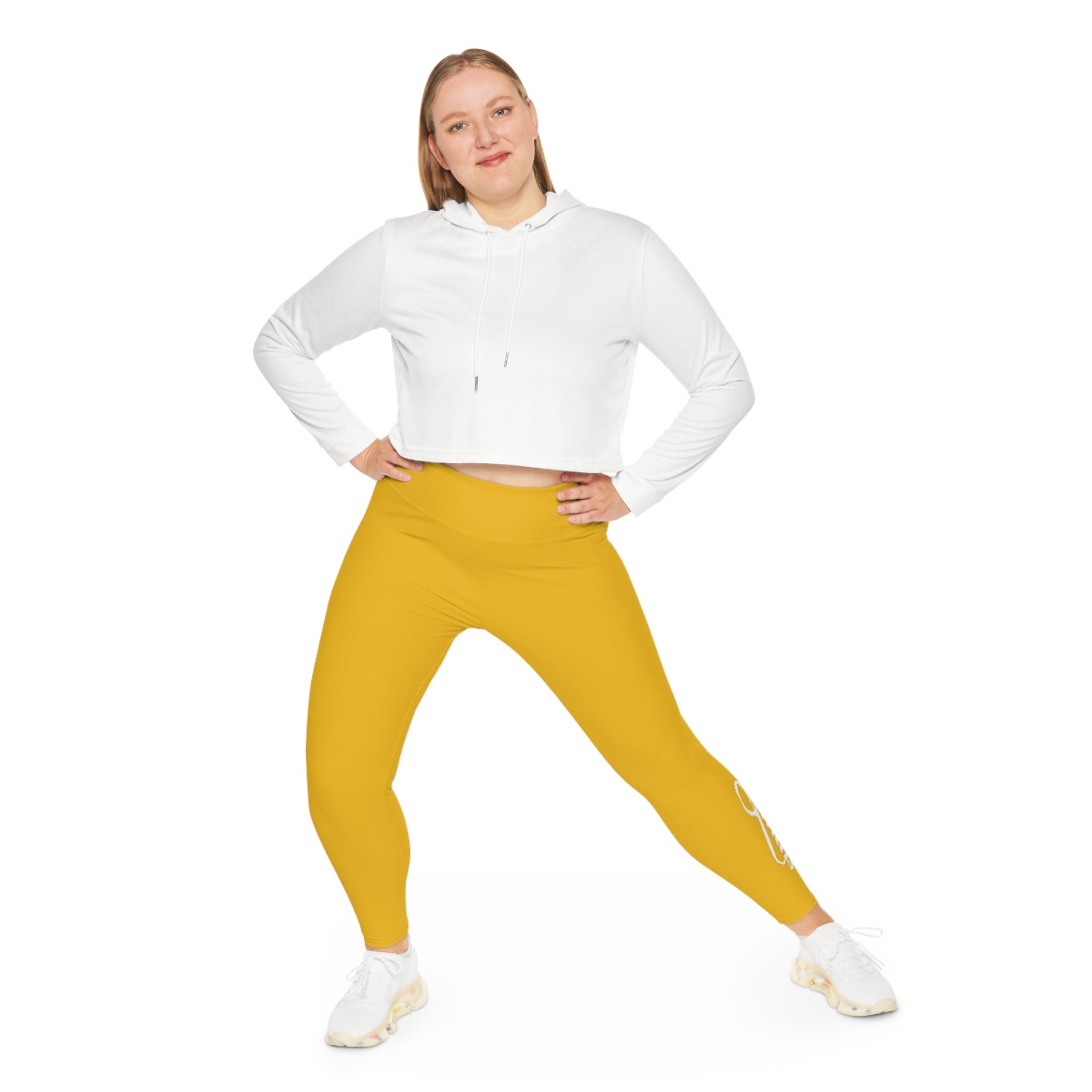 Yellow Plus Size Leggings — Subtle Side Script Graphic, Comfortable Everyday Activewear - 314 Originals
